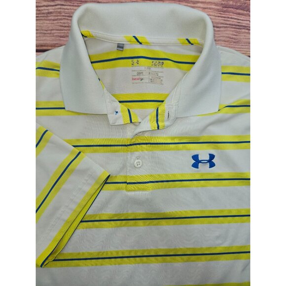 Under Armour Mens White Polo Small With Yellow & Blue Stripes - Picture 5 of 9